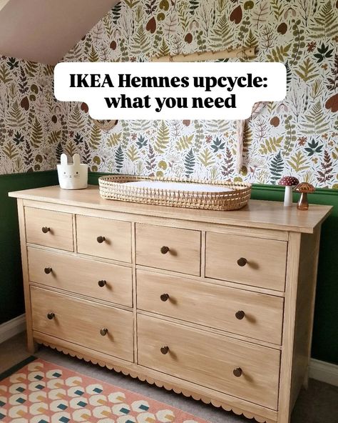 Save this for your IKEA Hemnes upcycle 👆 I had so many people ask me what I used to create the wood effect, so here's all the details: The paint is Maison Deco Refresh in Wood Effect - you can buy it from @robertdyas @lovewilko or @homebase_uk There are two small tubs inside which contain the base and top coat. This was enough to cover the drawers and trim with some paint to spare. The scallop trim is from @dunelmuk and is self-adhesive on the back - I used the smaller size. I'll link ... Hemnes Bed Frame Makeover, Refurbish Ikea Dresser, Ikea Koppang Dresser Nursery, Hemnes Drawers Hack, Hemnes Upcycle, Ikea Hemnes Nursery, Ikea Hemnes Diy, Small Tubs, Hemnes Ikea