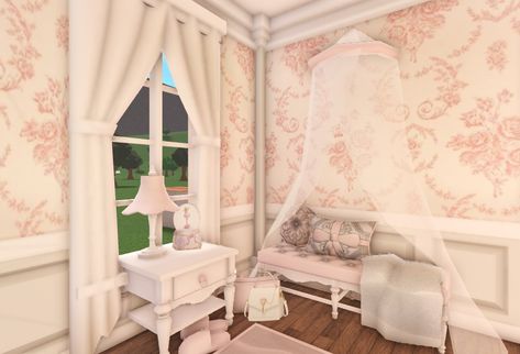 Pink Flower Wallpaper Bloxburg Code, Fancy Bedroom Bloxburg, Coqquete Bloxburg House, Coquette Office Bloxburg, Pink Bloxburg House Ideas, Walls In Bloxburg, Bloxburg Elegant Bedroom, Dollhouse Bloxburg, Coquette Desk Bloxburg