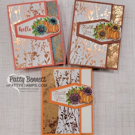 Fall Fun Fold cards with Stampin\' UP! Nested Essentials dies and Rustic Crate pumpkins colored with Stampin\' Blends markers. By Patty Bennett More Than Autumn Stampin Up Cards, Fall Cards Handmade Ideas, Fall Cards Handmade, Thanksgiving Cards Handmade, Avant Garden, Fall Greeting Cards, Autumn Cards, Card Making Ideas, Pumpkin Cards