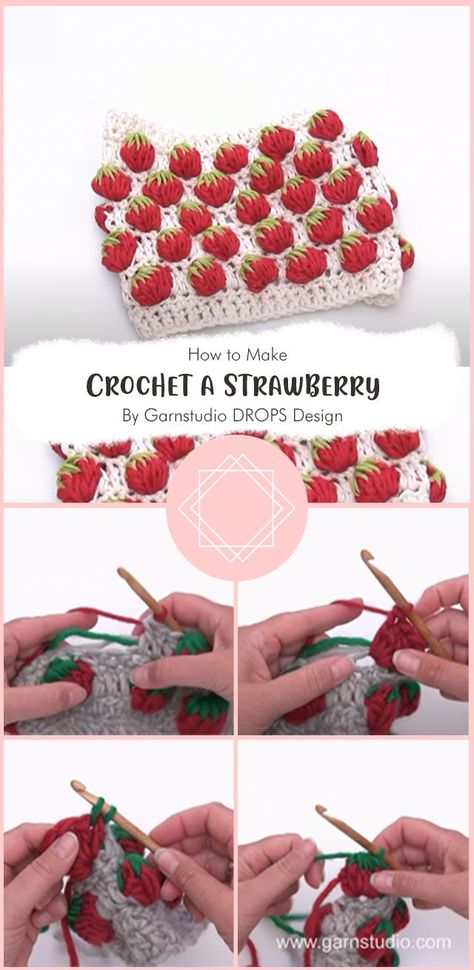 Crochet Strawberry Stitch Free Pattern, How To Crochet Strawberry Stitch, Strawberry Headband Crochet Pattern, Strawberry Bobble Stitch, Crochet Strawberry Dishcloth, Crochet Strawberry Bobble Stitch, Strawberry Stitch Crochet Pattern, Strawberry Sweater Crochet Pattern, Strawberry Scarf Crochet