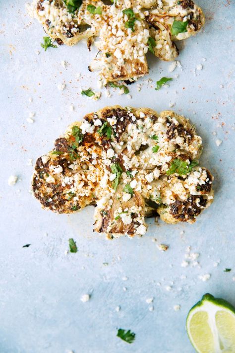 These Mexican street corn style Cauliflower Steaks are roasted in the oven for an easy and delicious side dish!  #cauliflowersteaks #cauliflowersteaksrecipe #recipeforcauliflowersteaks #howtoscutcauliflowersteaks #cauliflowersteaksbaked #cauliflowersteaksoven #howtomakecauliflowersteaks #healthydinnerrecipe #vegetariandinnerrecipe #roastedcauliflowersteak Mexican Street Corn Cauliflower, Creamy Chili, Cauliflower Steaks Recipes, Chili Lime Sauce, Roasted Cauliflower Steaks, Oven Roasted Cauliflower, Roasted Cauliflower Soup, Cauliflower Steaks, Mexican Street Corn