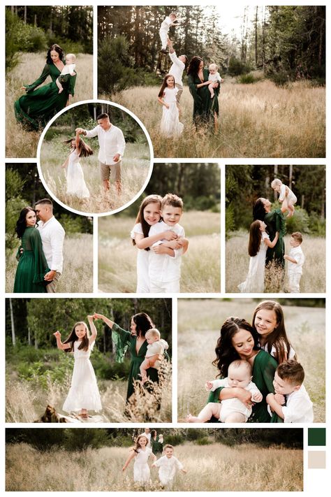 Family photos in a field wearing white and green dress. Green Outfit Photoshoot Family, Family Photos Wearing Green, Dark Green Dress Family Pictures, Green And White Family Photo Outfits, Green Themed Family Photos, Green Dress Photoshoot Family, Family Pictures Green Dress, Forest Green Family Photos, Cream And Green Family Photos