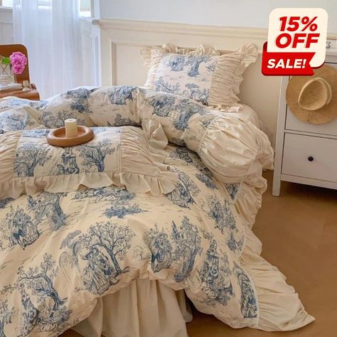 Enchant your dreams with a splash of vintage romance💙Our Courtly Blue Quilt Cover Set - where nostalgia meets comfort! 100% cotton, 100%… | Instagram Blue Ruffle Bedding, Blue Elegant Bedroom, Blue Vintage Bedroom Ideas, Blue Vintage Bedroom, Big Comfy Bed, Bedding Sets Blue, Bedroom Inspirations Blue, Toile Duvet Cover, Vintage Bedding Set