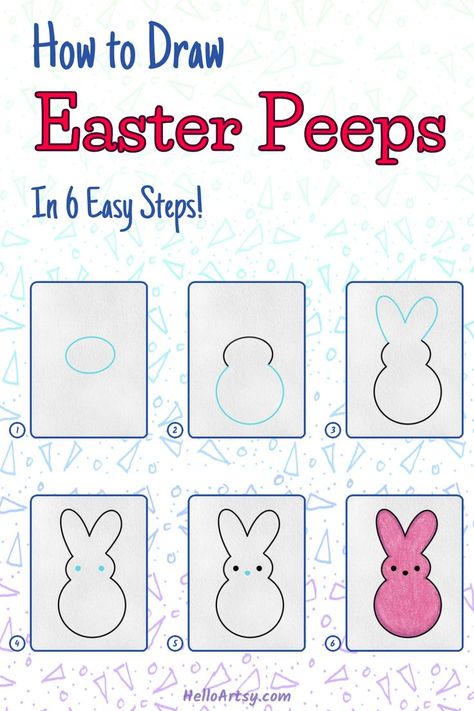 6 steps demonstrating how to draw  Easter peeps drawing for kids. Easy To Draw Easter Pictures, Easter Drawings Easy Step By Step, Easter Drawings Ideas Easy, Easter Doodles Easy, Peeps Drawing, Peeps Painting, Easter Drawings Easy, Easy Easter Drawings, Peep Drawing