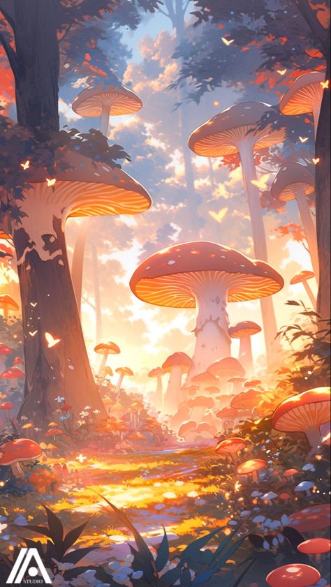 Fairy Fantasy Background, Cute Mushroom Forest, Forest Fairies Drawing, Mushroom Forest Concept Art, Fantasy Mushroom Fairy Art, Mushroom Cute Wallpaper, Mushroom Fantasy Forest, Mushroom Forest Illustration, Fantasy Forest Concept Art