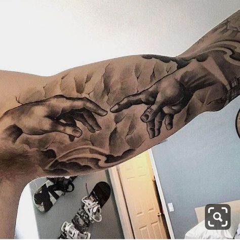 Religious Tattoo Sleeves, Tattoo Avant Bras, Tattoos Realism, Tattoo Bicep, Cloud Tattoo Sleeve, Sky Portrait, Inside Of Arm Tattoo, Herren Hand Tattoos, Bicep Tattoo Men