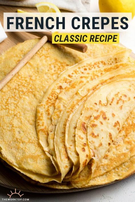 This easy crepe recipe makes the best crepes! If you are looking for a basic crepe recipe, this post gives you tips and tricks to make perfect French crepes. We love making this simple recipe for breakfast. Get the recipe on www.theworktop.com. || #crepes #breakfastrecipes #theworktop Basic Crepes, Crepes Recipe Breakfast, Basic Crepe Recipe, Best Crepe Recipe, French Crepe Recipe, Sweet Crepes Recipe, Homemade Crepes, Easy Crepe Recipe, Crepe Recipe