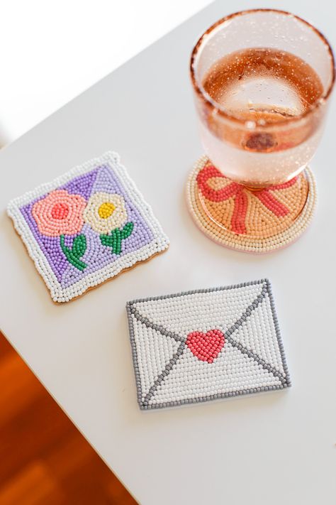 Beaded Valentine's Day Coasters — Entertain the Idea Homeade Coasters, Bead Coasters Diy, Beaded Coasters Diy, Embroidery With Beads Ideas, Beaded Embroidery Ideas, Bead Embroidery Ideas, Beads Crafts Ideas, Costers Diy, Craft Ideas Adults