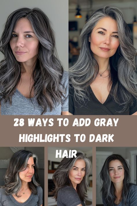 Embrace the growing trend of gray blends in dark hair with these 28 inspiring ideas. From subtle touches to bold contrasts, explore how to seamlessly incorporate gray tones into your locks. How To Blend In Gray Hair Dark Brown, Highlights For Gray Coverage, Growing Out Gray Hair From Dark Brown, Brown Hair With Gray Blending, Lowlights For Brunettes Going Grey, Hair Highlights For Grey Hair, Partial Gray Highlights On Dark Hair, Dark Hair Gray Money Piece, Grey Transition Hair Highlights Dark Hair