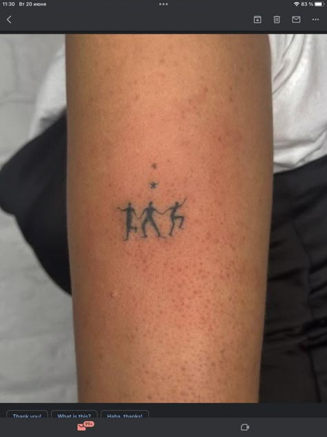 Tattoos In Threes, Stick Men Tattoo, 3 Women Tattoo, Trio Matching Tattoos Aesthetic, Dancing Person Tattoo, Three Women Tattoo, Female Friendship Tattoos, Stick People Tattoo, Tattoo For 3 People