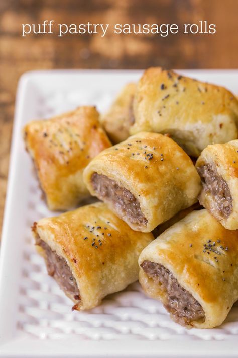 Puff Pastry Rolls - Sausage mixed with delicious seasonings like basil, oregano, and thyme, all wrapped up in a butter puff pastry! These rolls are exploding with flavor!! Puff Pastry Sausage Rolls, Sausage Puffs, Pastry Rolls, Savory Puff Pastry, Homemade Sausage Rolls, Sausage Wrap, Sausage Rolls Recipe, Lil Luna, Pie Maker