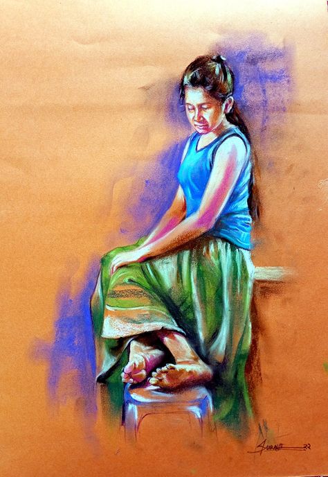 Soft pastel on paper, study work Oil Pastel Colours, Human Figures, Pastel Portraits, Indian Paintings, Art Drawings Sketches Creative, Anime Canvas, Body Drawing, Painting Photos, Human Figure