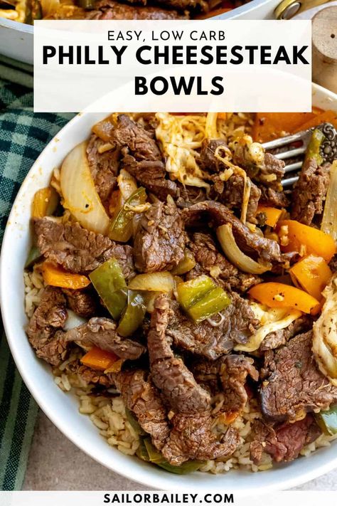 Philly Cheesesteak Bowls are easy, customizable and can be enjoyed as a low carb meal! The juicy steak is blasted with flavor you will love. via @sailor_bailey Philly Cheesesteak In A Bowl, Deconstructed Steak Kabobs, Healthy Cheesesteak Bowl, Ground Beef Philly Cheese Steak Bowl, Keto Philly Cheesesteak Bowl, Low Carb Philly Cheese Steak Wrap, High Protein Philly Cheesesteak Bowl, Philly Cheese Bowl, Sirloin Philly Steak Recipes