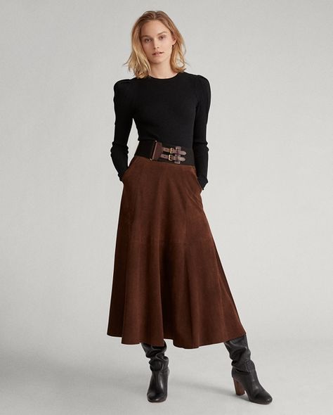 Suede Midi Skirt, Ralph Lauren Looks, Ralph Lauren Womens Clothing, Ralph Lauren Skirts, Rib Knit Top, Lily Aldridge, Polo Ralph Lauren Women, Taylor Hill, Ralph Lauren Style