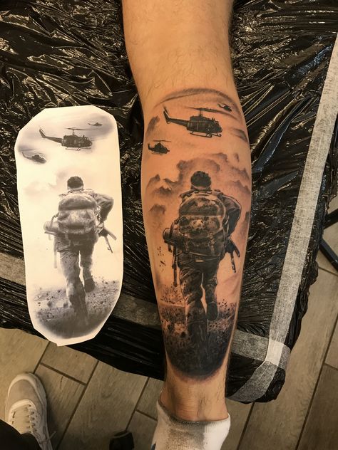 Army Inspired Tattoos, Raf Tattoo Ideas, One Man Army Tattoo, Army Sleeve Tattoo For Men, Soldier Tattoo Designs Men, American Soldier Tattoo, Army Tattoos For Men Soldiers, D Day Tattoo, Army Infantry Tattoos