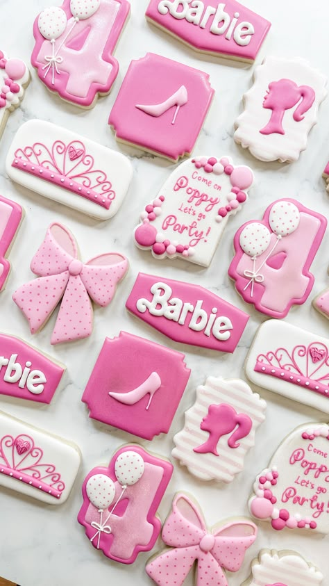 Bright Pink Barbie Birthday Party Custom Royal Icing Sugar Cookies Decorated by The Flour Shoppe Cookie Co, Omaha, Nebraska Pink Party Cookies, Barbie And Ken Cookies Decorated, Barbie Party Sweets, Barbie One Year Birthday, Pink Cookies Decorated Birthday, Barbie Themed Decorated Cookies, Four Year Old Barbie Birthday, Barbie Cookie Ideas, Malibu Barbie Cookies Decorated