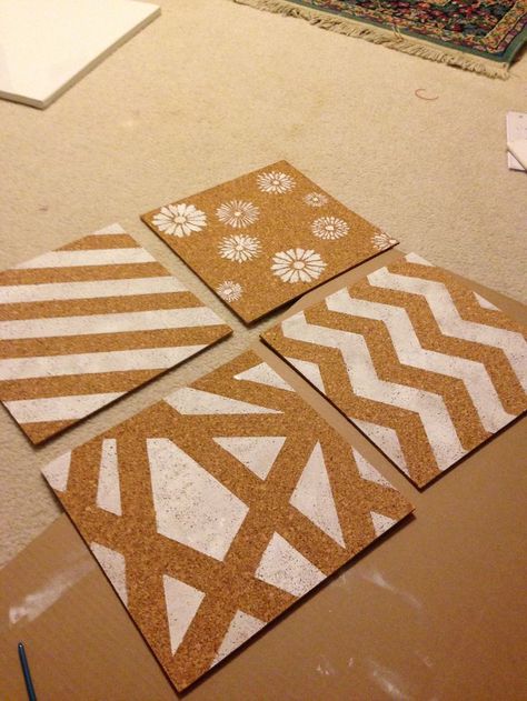 CORK WALL ART Cork Board Painting, Dorm Crafts, Cork Board Tiles, Diy Cork, Dorm Stuff, Dorm Sweet Dorm, Dorm Diy, Dorm Room Diy, Cork Tiles