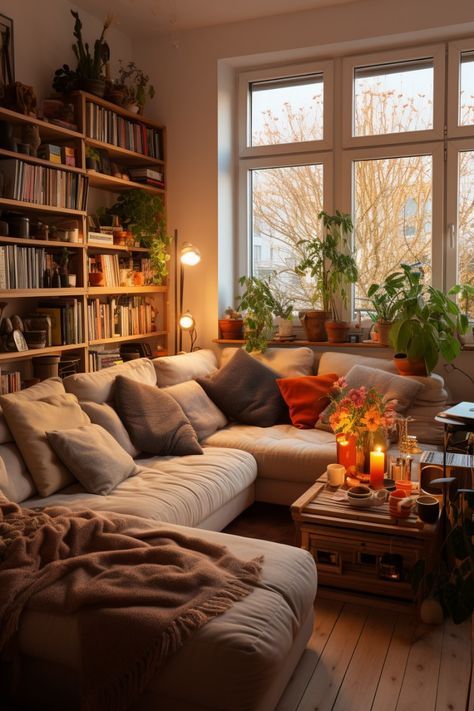 Cosy Scandinavian Living Room, Brown Scandinavian Living Room, Corner Couch Lighting, Tiny Living Rooms Ideas, Light Wood Living Room Ideas, Amber Decor Inspiration, Cozy Living Room Bookshelves, Living Room Inspo Scandinavian, Simple Comfy Living Room