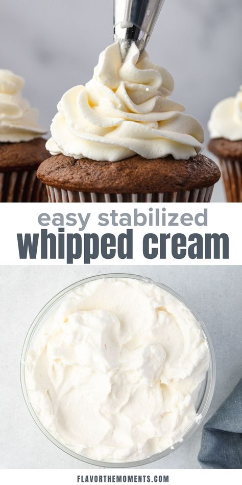 Say goodbye to weepy whipped cream with this Stabilized Whipped Cream recipe! It holds its shape well, making it perfect as a frosting for cakes or topping for your favorite desserts! #whippedcream #glutenfree #dessert Whipped Cream Dessert Ideas, Cake With Whipped Cream, Whip Cream Cake, Sturdy Whipped Cream Frosting, Stable Whipped Cream, Stabilized Whipped Cream Frosting, Frost Cupcakes, Whipped Cream Icing, Stabilized Whipped Cream