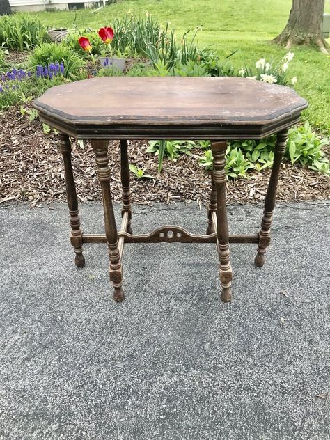 Look what I found on the side of the road while walking the dog! A Vintage 6 legged Parlor Table. Now, why would someone put this out? All it needed some work and some new hardware. This is something I love doing, Restoring, Rehabbing, Updating whatever you want to call it. I love sanding and stripping a table to show the natural color and maybe painting to show off a pretty feature of it.    Here is what I started with   Here is the table after sanding the top layer. What a… Glazing Furniture, End Table Makeover, Parlor Table, Perfect Pantry, Walking The Dog, Dixie Belle Paint, Table Makeover, Wood Filler, Paint Remover