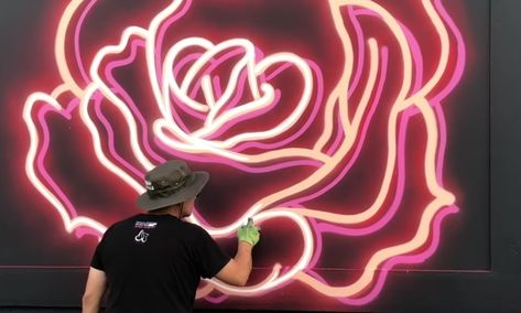 Artist Adam Fu has mastered creating neon effects with spray paint / Boing Boing Spray Paint Ideas Graffiti Easy, Easy Spray Paint Art Ideas, Cool Spray Paint Art, Easy Spray Paint Art Graffiti, Neon Sign Effect Painting, Neon Spray Paint Art, Neon Spray Paint Wall Art, Neon Spray Paint, Neon Art Painting