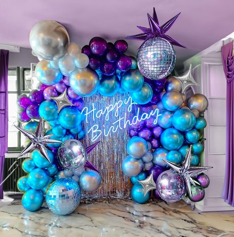 PRICES MAY VARY. 【Disco Theme disco balloons Balloon Kit】INCLUDES the following 160+PCS 5" 10" 12"18" balloons in various sizes, we chose Silver, blue, purple and deep purple metal balloons as Palette for the theme, Add29pcs foil Disco Themed balloons。Balloon & Glue Dot Tie Kit lets you create a cheerful and vibrant atmosphere, perfect for Disco themed party 【100% Reliable Color 】 We insist on 100% real photography，Providing True Color of every single balloons,what you have to do is trust your c Disco Balloon Garland, Disco Ball Balloons, Blue Party Themes, Ball Balloons, Chrome Purple, Galaxy Birthday, Iridescent Party, Blue Party Decorations, Disco Birthday Party