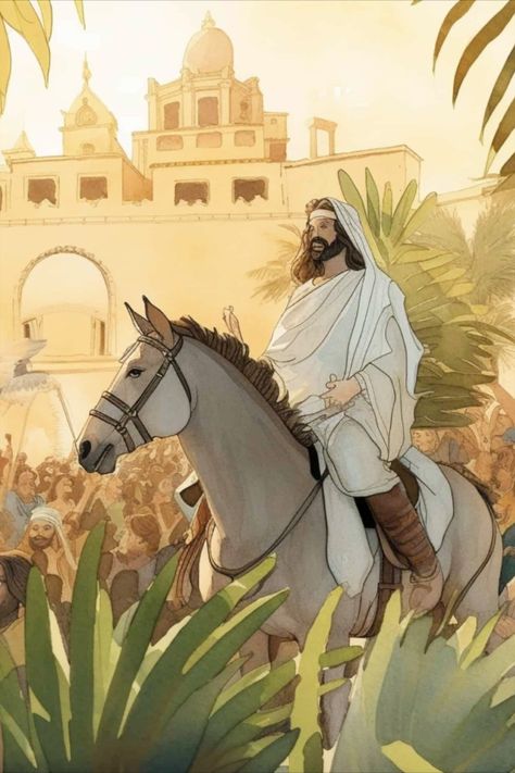 Jesus's humble entry into Jerusalem on a donkey, surrounded by crowds waving palm branches in celebration. Palm Sunday Aesthetic, Palm Sunday Wallpaper Aesthetic, Palm Sunday Jesus, Palm Sunday Images, Palm Sunday Videos, Palm Sunday Pictures Jesus, Palm Sunday Images Jesus, Palm Sunday Art, Palm Sunday Status