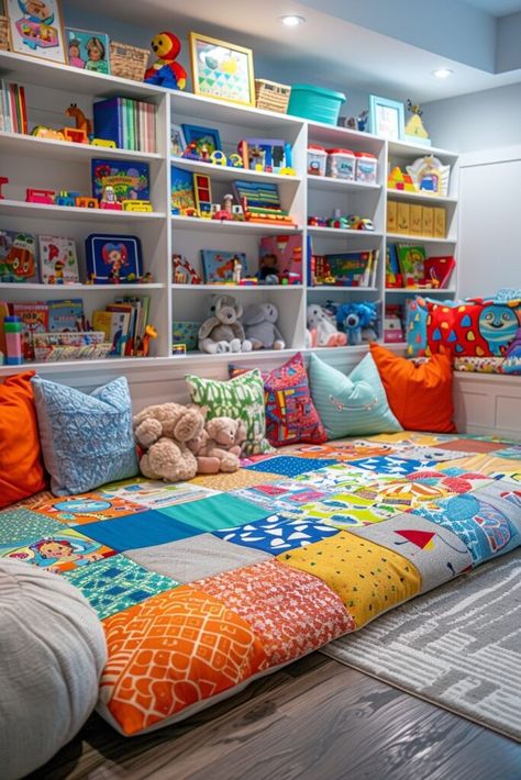 Colorful Playroom Design, Playroom Living Room Ideas, Grandparent Playroom Ideas, Playroom Arrangement, Diy Kids Bedroom Ideas, Girl Playroom Ideas, Boho Kids Playroom, Playing Room Design, Home Sensory Room