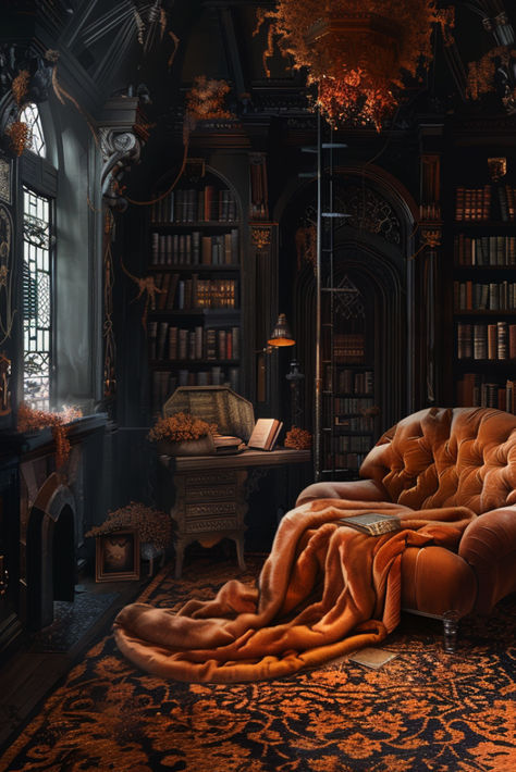 "Fantasy Orange Vintage Library" Step into the book lover's world of dark academia. This library of knowledge is draped in a vintage aesthetic, with rooms bathed in dark amber and burnt orange. Each corner of this library is a whisper from the past, where old books with rich tales awaits. #VintageElegance #GothicLibrary #DarkAesthetics #bookish #bookloveraesthetic Winter Library Aesthetic, Orange Library, Orange Goth Aesthetic, Orange Academia, Old Book Store Aesthetic, Autumn Dark Academia, Old Library Aesthetic Dark, Dark Orange Aesthetic Vintage, Old Library Aesthetic