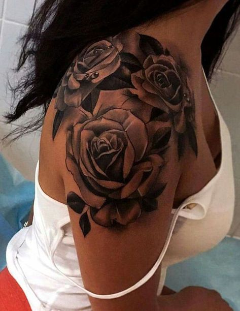 Roses On Shoulder, 42 Tattoo, Rose Shoulder Tattoo, Rose Tattoos For Women, Black Rose Tattoos, Mens Shoulder Tattoo, Flower Tattoo Shoulder, Cat Tattoos, Tattoos For Black Skin