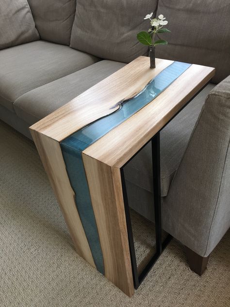 Waterfall Epoxy Table, Easy Wood Furniture Diy, Epoxy And Wood Projects, Wood And Epoxy Projects, Epoxy Nightstand, Wood And Resin Table, Epoxy Side Table, Epoxy Decor, Resin Wood Table