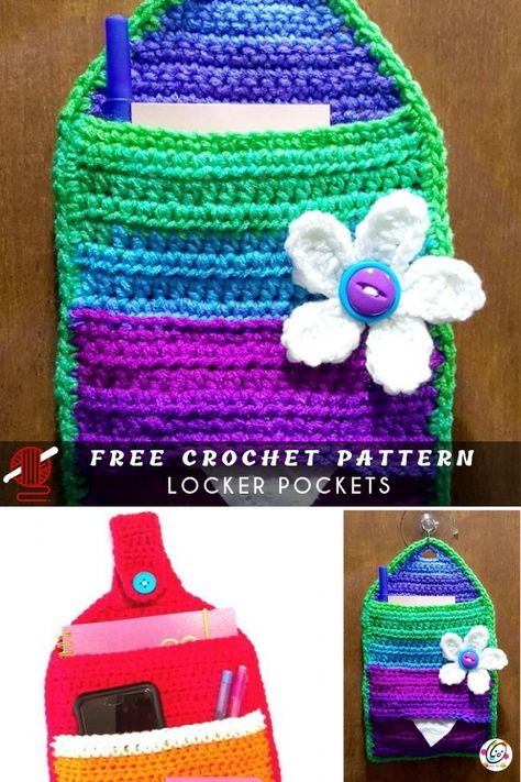 Locker Crochet Pocket Pattern FREE The great little crochet pocket organizer for the phone, notepad, pens, gums. Possible for hanging in a locker, whenever you need, by the desk or in the car. Cute gift to make with free crochet pattern by almost every beginner. Quick and easy to do Locker Ideas, Car Cute, Crochet Kitchen Towels, Note Pad Holder, Crochet Organizer, Crochet Pocket, Flower Pens, Crochet Car, Crochet Cord