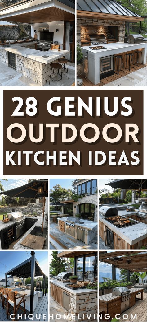 Are you on the hunt for outdoor kitchen ideas that are both practical and aesthetically pleasing? If so, check out these curated ideas to create your perfect al fresco cooking space in your backyard! Fresco, Outdoor Kitchen Pergola Backyard Patio, Outdoor Kitchen On Deck Ideas, Backyard Ideas With Pool Outdoor Kitchen Patio Design, Amazing Outdoor Kitchen, Outdoor Kitchen Layout Ideas, Outdoor Deck Kitchen, Outdoor Kitchens On A Budget, Outdoor Kitchen Ideas Covered