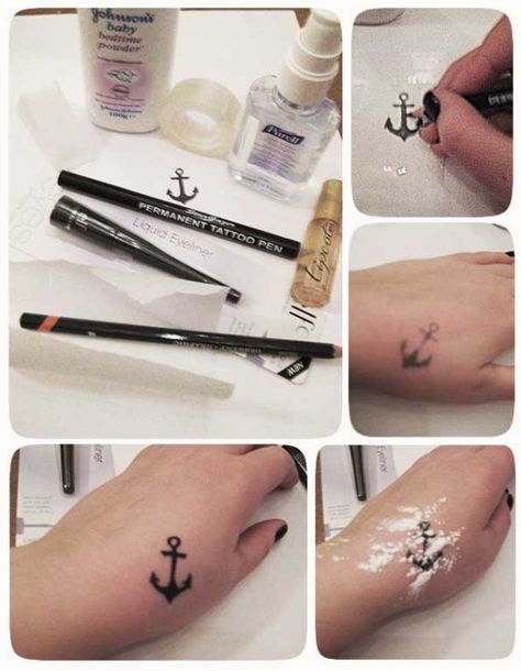 DIY fake tattoo- wear a tattoo that you want for a while to make sure you actually like it ( http://www.wikihow.com/Create-Your-Own-Temporary-Tattoo ) Diy Fake Tattoo, Diy Tattoos, Navy Tattoos, Tattoo Diy, Serpent Tattoo, Stick N Poke, Disney Tattoo, Anchor Tattoo, Initial Tattoo