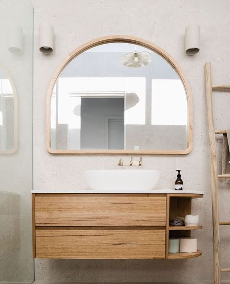 Loughlin Furniture on Instagram: “Our Marley Curved Vanity, but with a twist!👌🏼 One-sided curved shelving feature, our Marley Curved Vanity in the @mayclay_ceramics project…” Arch Mirror Bathroom, Curved Vanity, Timber Vanity, Hotel Room Design, Diy Vanity, Vanity Design, Arch Mirror, Upstairs Bathrooms, Bathroom Renos