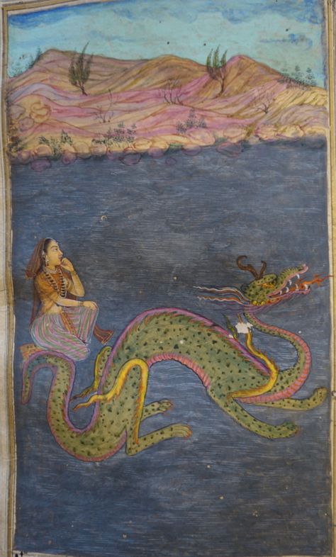 1700s Mughal painting of a princess riding a water dragon to shore Indian Dragon, Rajasthan Painting, Mughal Miniature, Mughal Miniature Paintings, Frame Story, Saint George And The Dragon, Indian Miniature, Mughal Paintings, Dragon Images