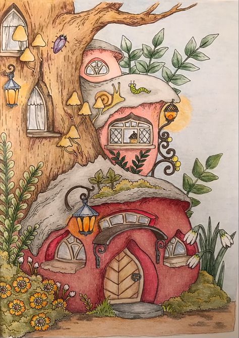 Fairy Village Drawing Tree Houses, Knome Houses Drawing, House In A Tree Drawing, Imaginative Drawing Ideas, Fantasy Garden Drawing, Fairy Town Drawing, Fantasy Houses Art Drawings, Fairy House Watercolor, Magic Garden Drawing