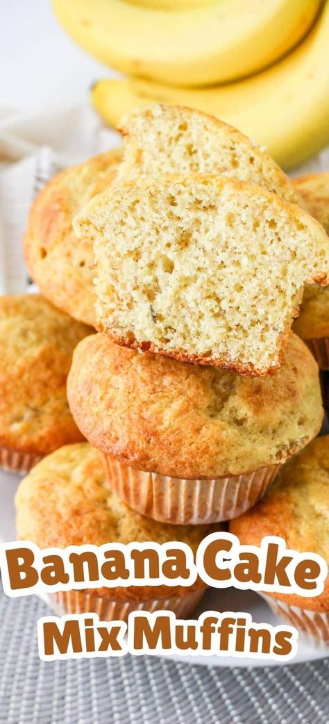 These Banana Cake Mix Muffins are so easy to make and full of sweet banana flavor. They are great for a make ahead breakfast. Cake Mix Banana Muffins, Banana Cake Mix, Moist Banana Muffins, Cake Mix Muffins, Banana Muffins Easy, Tin Recipes, Simple Muffin Recipe, Muffin Tin Recipes, Homemade Muffins