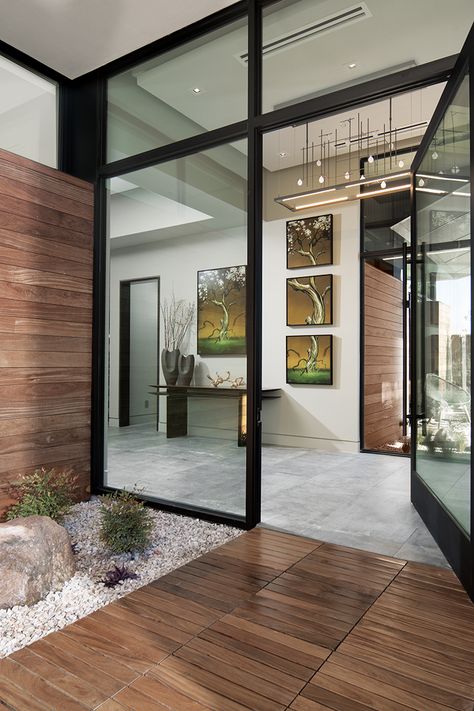 A Vision for Modern Life | Pro Remodeler Glass House Entrance, House Entryway Design, Modern Home Foyer, Exterior Foyer Entrance, House Entrance Outside, Modern Home Entry, Entryway Glass Door, Glass Foyer Entrance, House Foyer Design