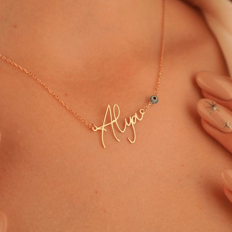 14k solid gold name necklace with evil eye bead, custom name necklace, personalized name necklace, 14k gold name pendant, gifts for her Necklace Name Design, Arabic Necklace, Necklace Luxury, Birthday Necklace, Name Pendant, Necklace Elegant, Gold Name Necklace, Monogram Jewelry, Luxury Necklace