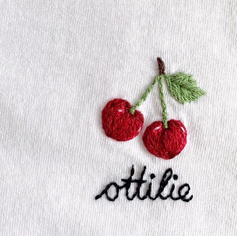 Tshirt With Embroidery, Cherry Embroidery Tutorial, Cherry Embroidery Design, Embroided T Shirts, Embrodery Stiching Flowers Pattern Free, Tomato Embroidery, Cherries Embroidery, Small Embroidery Designs, Hand Embroidered Clothes