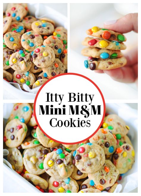 Mini M&M Cookies (Itty Bitty!) Mini Mm Recipes, Cookie Dunkers Packaging, Mini Mnm Cookies Recipe, Weekly Dessert Ideas, Fun Cookie Recipes For Kids, Mini Crunchy Cookies, Mini Monster Cookies, Mini M And M Cookie Recipe, Mini M M Cookies