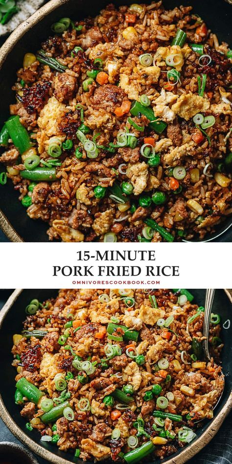 A super fast and easy way to make pork fried rice and get dinner on the table quickly. This fried rice dish is super bold and rich. It hits all the right notes with great flavors and textures and tastes better than takeout. {Gluten-Free adaptable} Pork Fried Rice Easy, Pork And Rice Recipes, Pork Fried Rice Recipe, Pork Mince Recipes, Fried Rice Recipes, Veggie Rice, Ground Pork Recipes, Healthy Pork, Minced Meat Recipe