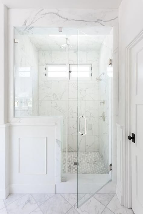 Tile Master Bath, Mcgee Bathroom, White Wainscoting, Marble Wall Tiles, Marble Showers, Carrera Marble, Bad Inspiration, Shower Cabin, Master Bath Remodel