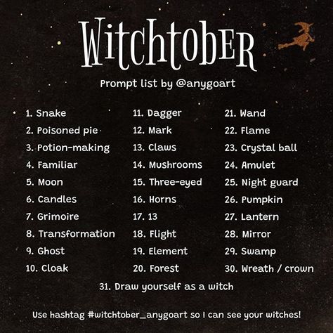 ɪ ᴀᴍ ᴀɴɴ on Instagram: “HERE IT IS! My prompt list for WITCHTOBER✨🥳 A whole month of cute, daring, dangerous and mysterious witches in different situations and…” Drawing Month Challenge, 300 Drawing Prompts, Monster Challenge, Sketch Prompts, Abs Art, Illustration Challenge, Dark Illustration, 30 Day Art Challenge, Art Journal Challenge