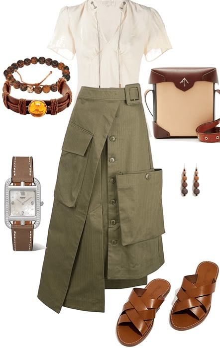 safari skirt style Outfit | ShopLook Ootd Foto, Safari Outfit Women, Safari Skirt, Moda Safari, Africa Safari Clothes, Jungle Outfit, Zoo Outfit, Natural Dramatic, Safari Look