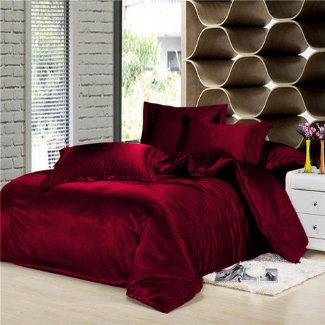 Red Satin Bedding, Red Bed Set Aesthetic, Dark Red Bedding, Red Silk Bedding, Red Bedsheets, Red Bedroom Ideas, Red Bedding Sets, Red Bedroom Design, Red Bedroom Decor