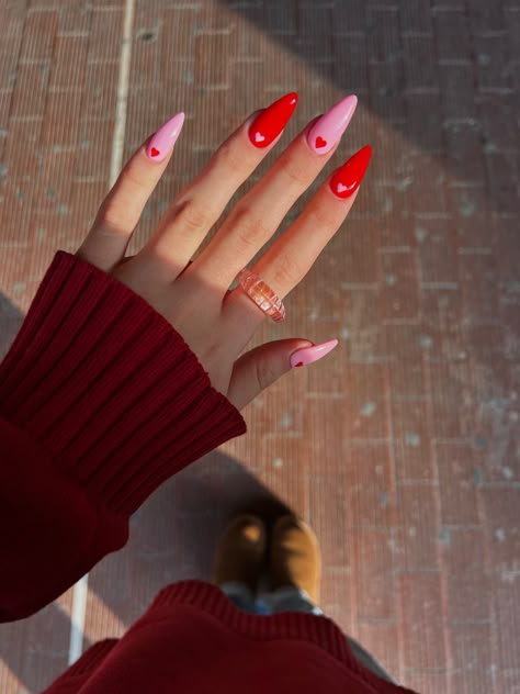 #heart #fashion #manicure #valentines #acrylic #red #pink #aesthetic #ideas Red And Pink Acrylics, Ted And Pink Nails, Red Nails With Hearts Valentines, Nail Art Red And Pink, Valentines 2024 Nails, Pink And Red Flame Nails, Red Festival Nails, Pink Red Nail Designs, Red Pink Nails Design