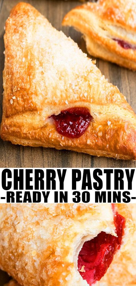 CHERRY TURNOVERS RECIPE- The best, homemade, quick and easy turnovers with puff pastry. They are light, flaky and filled with fresh cherry pie filling and topped with sanding sugar. Can be made with crescent rolls, biscuits, pie crust, phyllo dough too. Can also fill with cream cheese. Better than made from scratch. From CakeWhiz.com #cherry #puffpastry #dessert #breakfast #brunch #cherrypie Easy Cherry Turnovers, Turnovers With Puff Pastry, Fresh Cherry Pie, Cherry Pie Filling Recipes, Cherry Turnovers, Puff Pastry Recipes Dessert, Phyllo Dough Recipes, Phyllo Recipes, Pastries Recipes Dessert