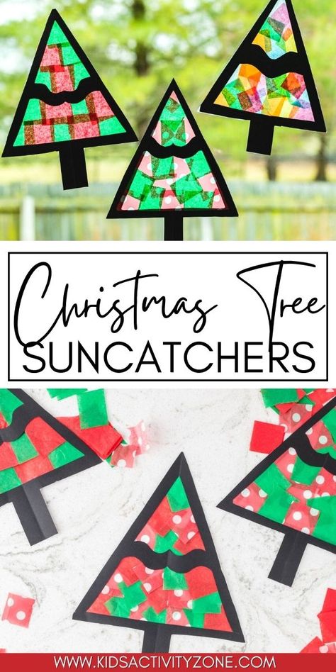 Christmas Tree Sun Catcher is a beautiful and easy kids Christmas Craft to make during the holidays! With minimal supplies it's quick, easy and there's barely any prep or clean up. Decorate your windows with these easy suncatchers for the holidays and put a smile on everyone's face that sees them! Christmas Decorations For Preschool, Christmas Craft From Kids To Parents, Christmas Tree Projects For Preschool, Classroom Christmas Crafts For Kids, Paper Ornament Crafts For Kids, Christmas Craft Elementary, Christmas Craft Elementary School, Suncatcher Diy Kids, Easy Christmas Tree Craft